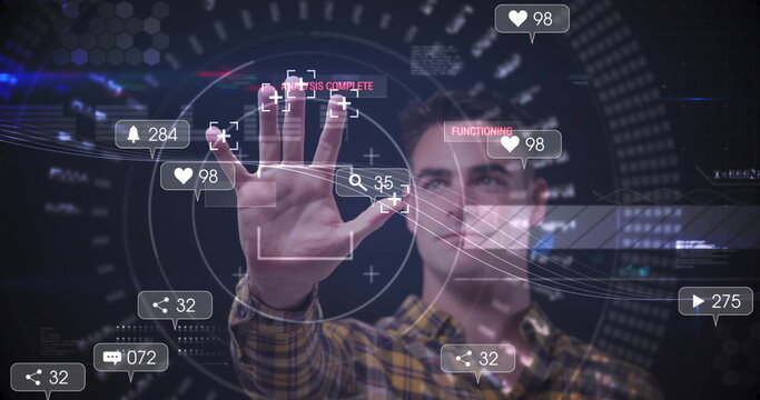Raising hand man wearing plaid shirt touching holographic HUD in studio, with social media metrics - Powered by Adobe
