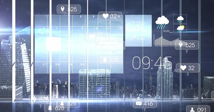 Projecting interface with calendar and icons, clock and temp in control room over city skyline - Powered by Adobe