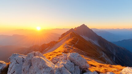 Naklejka premium Majestic mountain landscape at sunrise, showcasing vibrant colors and rocky terrain with a breathtaking view.