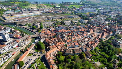 Panoramic aerial of the old town of the city  Yverdon-les-Bains in Switzerland on a sunny noon in summer