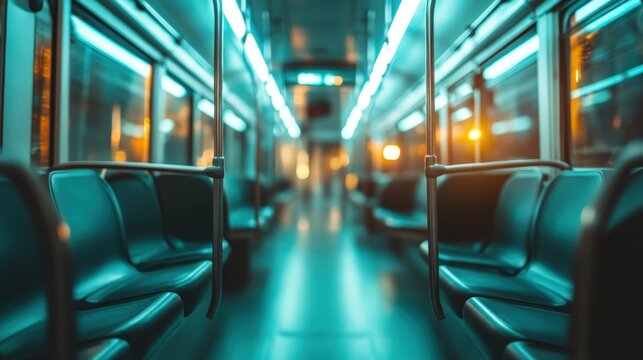 An empty subway train interior highlighted by blue and orange lighting, presenting a sleek, modern aesthetic that evokes feelings of solitude and urban exploration.