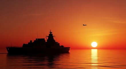 Military warship and fighter jet patrol the ocean at sunset, silhouetted against a vibrant orange sky. Naval defense and air force power concept.