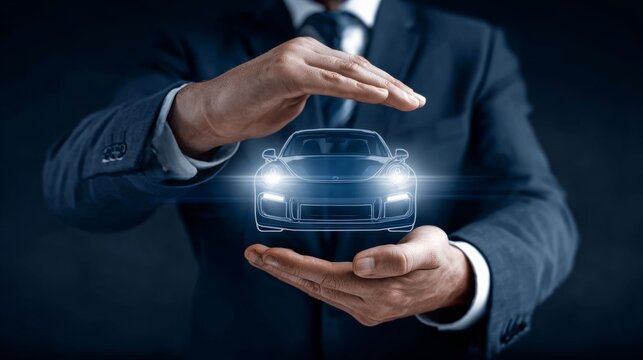 Businessman hands with protective gesture and icon car. Car insurance concept