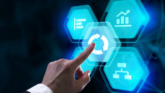 Hand interacting with virtual interface symbolizing digital workflow, data analytics, and business process automation