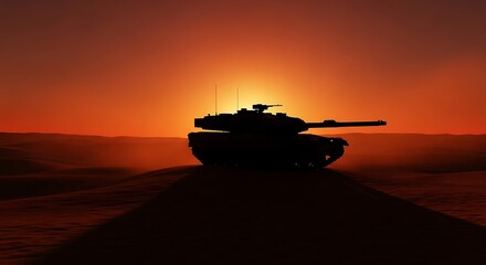 A powerful military battle tank silhouette stands on a desert sand dune against a dramatic orange sunset, symbolizing war, conflict, and modern armored warfare technology.