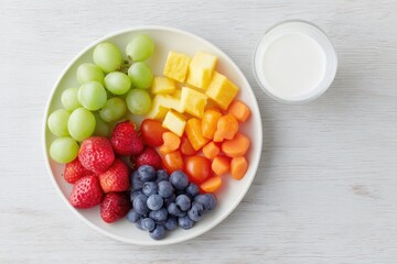 balanced and colorful children meal neatly arranged on simple minimalistic white plate set against light wooden table