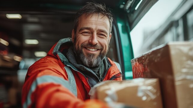 A joyful delivery person smiling while holding packages, showcasing the spirit of service and connection in the delivery industry. This image reflects positivity and human interaction. - Powered by Adobe