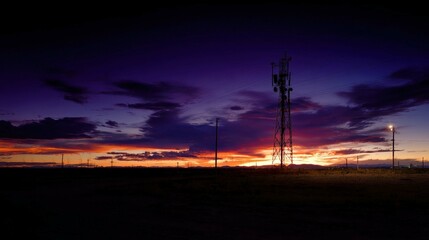 Fototapeta premium Stunning Sunset Over Power Lines and Cell Towers