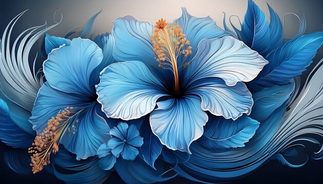 delicate blue hibiscus flower illustration with flowing petals and intricate details showcasing natural beauty and elegance in floral design