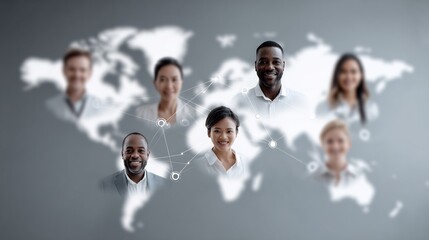 Diverse team connecting globally with network over world map, symbolizing international collaboration