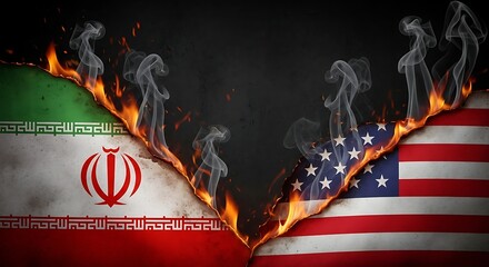 Iran vs USA geopolitical conflict concept with burning national flags symbolizing war, hostility, and broken diplomatic relations on a dramatic dark background.