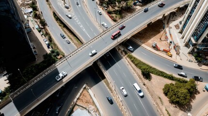 Urban Highway Overpass with Multiple Lanes and Vehicles in City