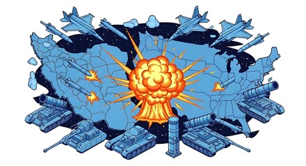 Dynamic illustration of war in the USA with fighter jets, tanks, and missiles surrounding a map of America under attack with a massive central explosion. Geopolitical conflict vector art