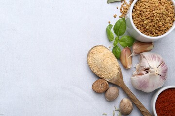 Different aromatic spices on light grey table, flat lay. Space for text