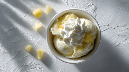 Refreshing dessert: Vanilla ice cream in a bowl topped with whipped cream and pineapple chunks.