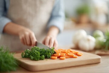 cook effortlessly slices vegetables on wooden board background shows blurred figures in kitchen