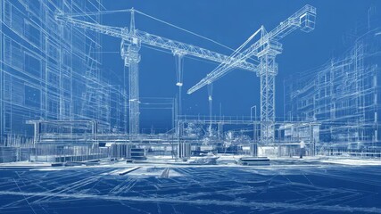 Dynamic blueprint animation of urban construction with tower cranes and skyscrapers - Powered by Adobe