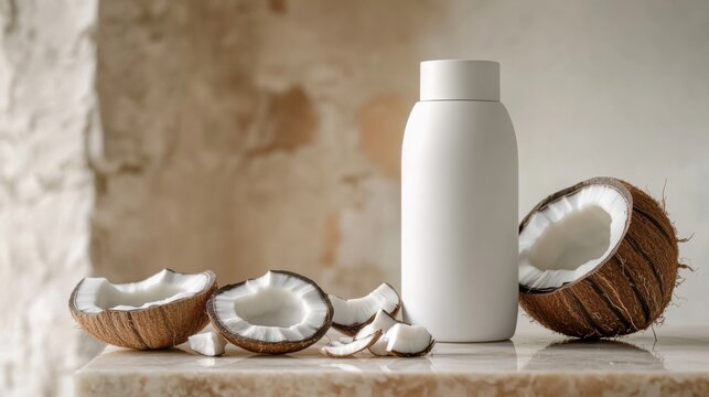 Natural beauty elixir a bottle of coconut hydration for radiant skin on a textured cream surface