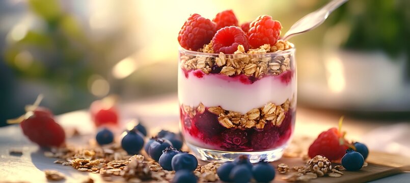 A fresh berry parfait layered with yogurt and granola - Powered by Adobe