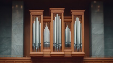 grand concert organ with polished wooden pipes stands majestically in dimly lit hall intricate engravings on pipes