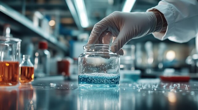 A scientist's hand in a glove gently places a glass jar with a vibrant blue solution in a cutting-edge laboratory, symbolizing discovery and innovation in science.