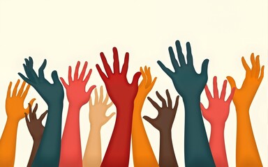 Stylized vintage poster with an array of colorful hands raised on a stark white background, emphasizing themes of unity and diversity in a retro design. High quality