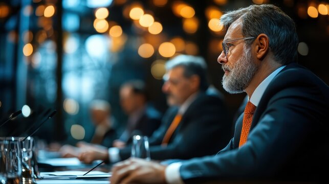 A bearded businessman sits in a formal meeting, highlighting concentration and determination, while colleagues and blurred lights create a sense of urgency and professionalism.