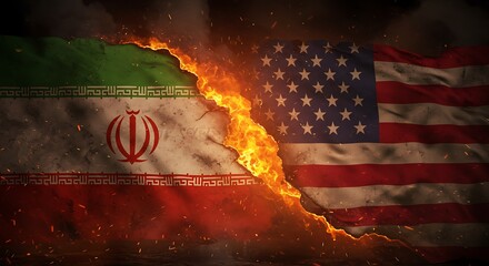 Iran vs USA conflict concept showing national flags burning together in a dramatic scene of international crisis, war, political hostility, and broken diplomatic relations.