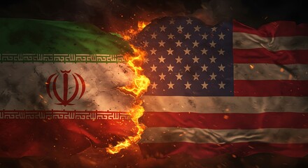 Iran vs USA flags burn in a fiery confrontation, symbolizing political conflict, international crisis, war, and hostile diplomatic relations between the two countries.