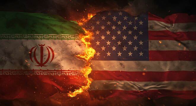 Iran vs USA flags burn in a fiery confrontation, symbolizing political conflict, international crisis, war, and hostile diplomatic relations between the two countries.