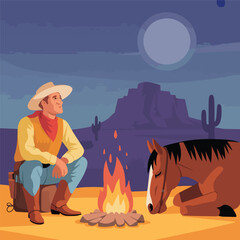 Cowboy Sitting by Campfire Under Starry Night – Flat Desert Landscape Vector

