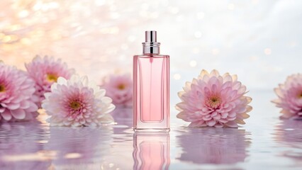 Pink Perfume Glass Bottle on Water with Chrysanthemum flowers and Ethereal Spring Glow in Pastel Background