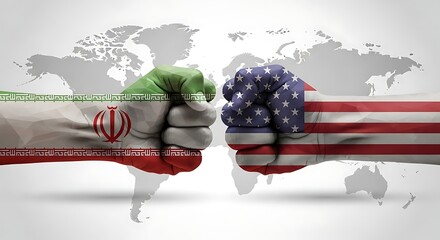 USA and Iran conflict concept showing a political confrontation with two fists painted with national flags facing off on a global world map background.