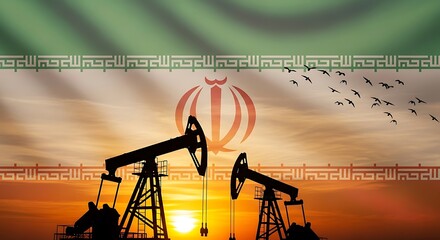 Conceptual image of the Iranian oil industry with pump jack silhouettes against a dramatic sunset, overlaid with the national flag of Iran symbolizing economy and geopolitics.