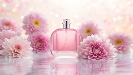 Pink Perfume Glass Bottle on Water with Chrysanthemum flowers and Ethereal Spring Glow in Pastel Background