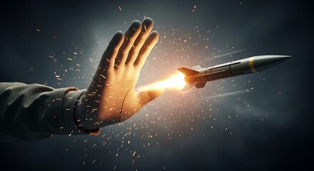 A powerful hand intercepts a rocket missile, symbolizing a futuristic defense system, anti-war efforts, and protection from attack. A dramatic concept of security and conflict prevention.