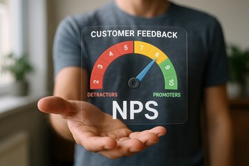A person holds a holographic customer feedback NPS gauge ranging from detractor to promoter. Concept of net promoter score and client satisfaction measurement.