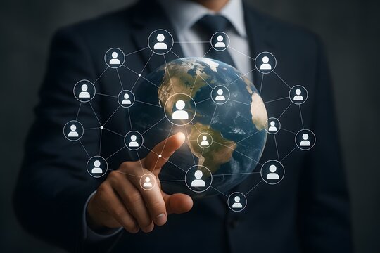A businessman points at a virtual network of user icons around a digital globe. Concept of global social connection and digital teamwork.