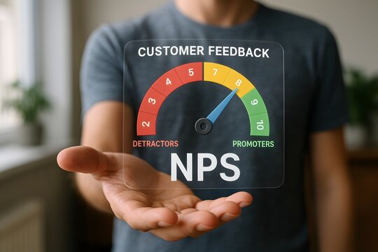 A person holds a holographic customer feedback NPS gauge ranging from detractor to promoter. Concept of net promoter score and client satisfaction measurement.