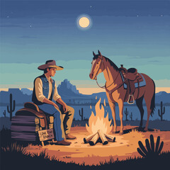 Cowboy Sitting by Campfire Under Starry Night – Flat Desert Landscape Vector


