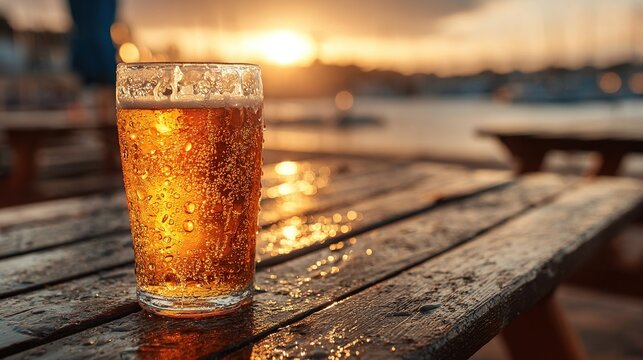 Chilled pint of golden beer on rustic wooden table with sunset glow and harbor view in the background of a peaceful outdoor evening