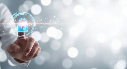A hand touching a glowing padlock icon, symbolizing robust data security, privacy, and digital protection in a modern technological environment.