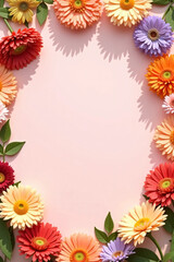 Colorful flower border with dahlia and chrysanthemum blossoms on soft pink background, arranged for advertisement layout with central copy space, ideal for beauty, wedding, or spring product branding