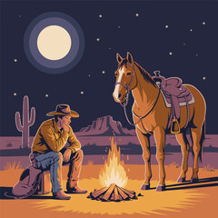 Cowboy Sitting by Campfire Under Starry Night – Flat Desert Landscape Vector

