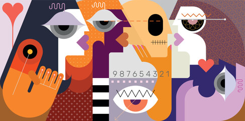 Beautiful woman holds skull in her hand and looks at it. Modern art vector illustration of group of people.