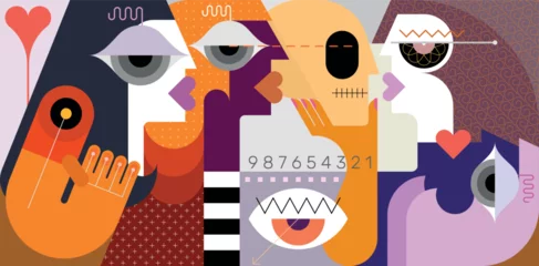 Beautiful woman holds skull in her hand and looks at it. Modern art vector illustration of group of people.