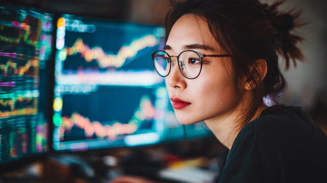 株価チャートを分析する女性トレーダー