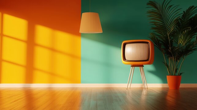 A vintage television set stands against a brightly colored wall, evoking nostalgia and charm in a space filled with warm sunlight and inviting décor.