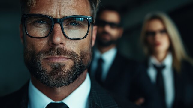 A confident man in glasses and a sharp suit stares into the camera with determination, surrounded by blurred figures, embodying professionalism and ambition in a corporate setting.