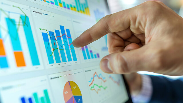 Businessman analyzing financial charts and bar graphs on a touchscreen monitor
